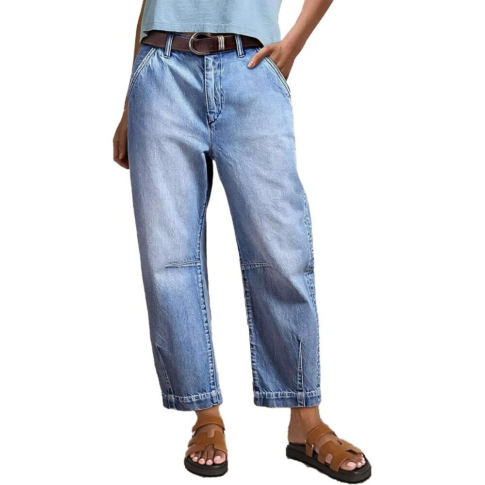 Women’s Cropped Straight Leg Jeans Mid Rise Vintage Wash Casual Denim